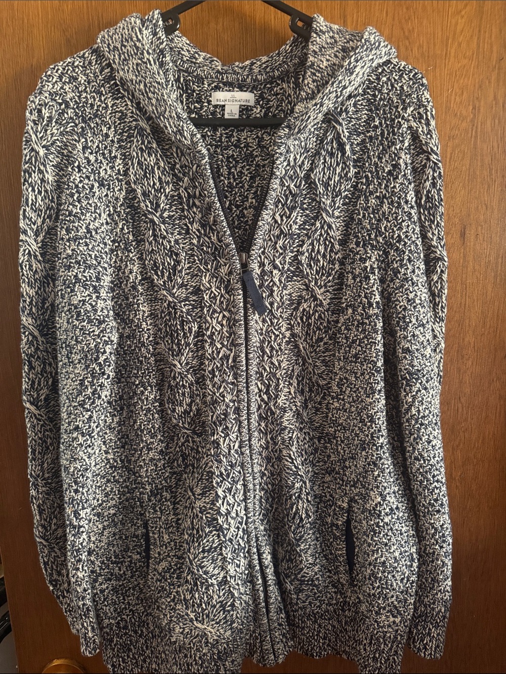 Signature Navy and White Marled Hooded Zip Cable Cardigan